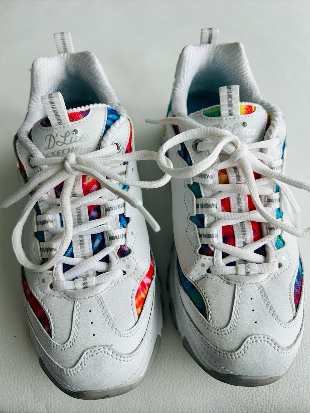 Skechers D’Lites White Memory Foam Athletic Sneakers w/ Rainbow Tie-Dye Accents